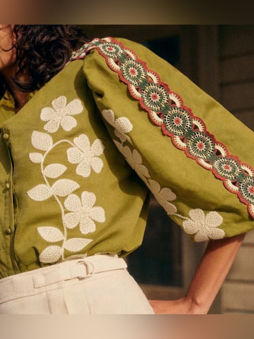 Sezane Olive Green Embroidered Puff-Sleeve Blouse